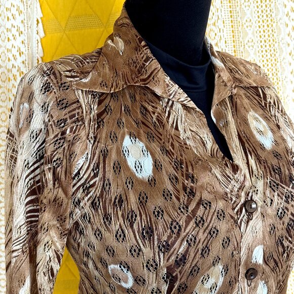 Vintage 70s Dart Collar Sheer Beige Peacock Feather Long Sleeve Blouse Size S - Picture 1 of 11